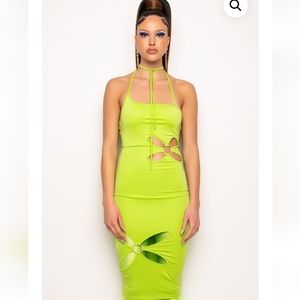 AKIRA Neon Lime Halter Cutout Midi Dress